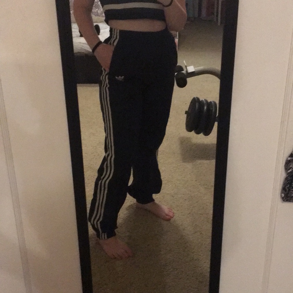 Navy blue adidas rain/track pants